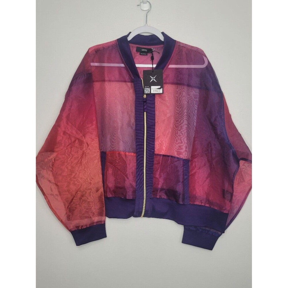GSTQ Women's pink purple sheer bomber jacket zip front artsy plus size NWT